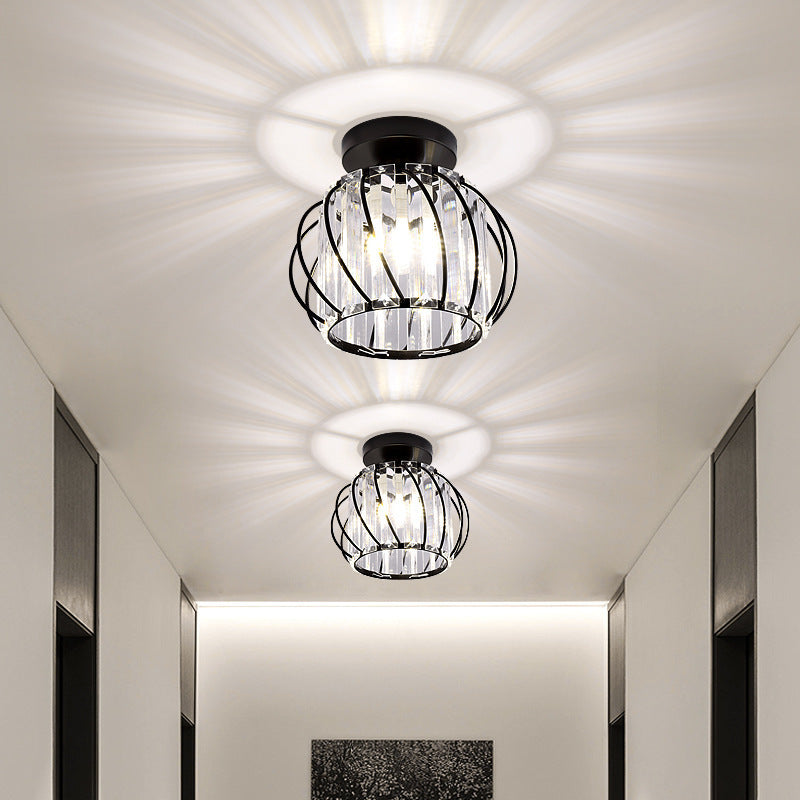 Contemporary Scandinavian Pumpkin Curved Arc Semi-Flush Mount Ceiling Light - Iron & Crystal Disc Base, 1-Light Design for Living Room