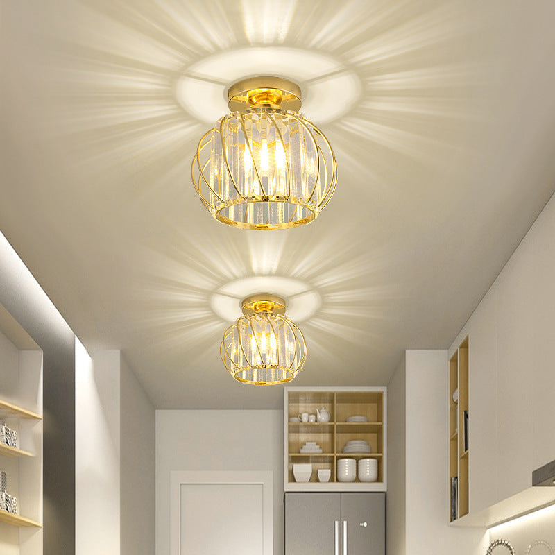 Contemporary Scandinavian Pumpkin Curved Arc Semi-Flush Mount Ceiling Light - Iron & Crystal Disc Base, 1-Light Design for Living Room
