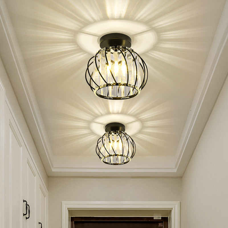 Contemporary Scandinavian Pumpkin Curved Arc Semi-Flush Mount Ceiling Light - Iron & Crystal Disc Base, 1-Light Design for Living Room