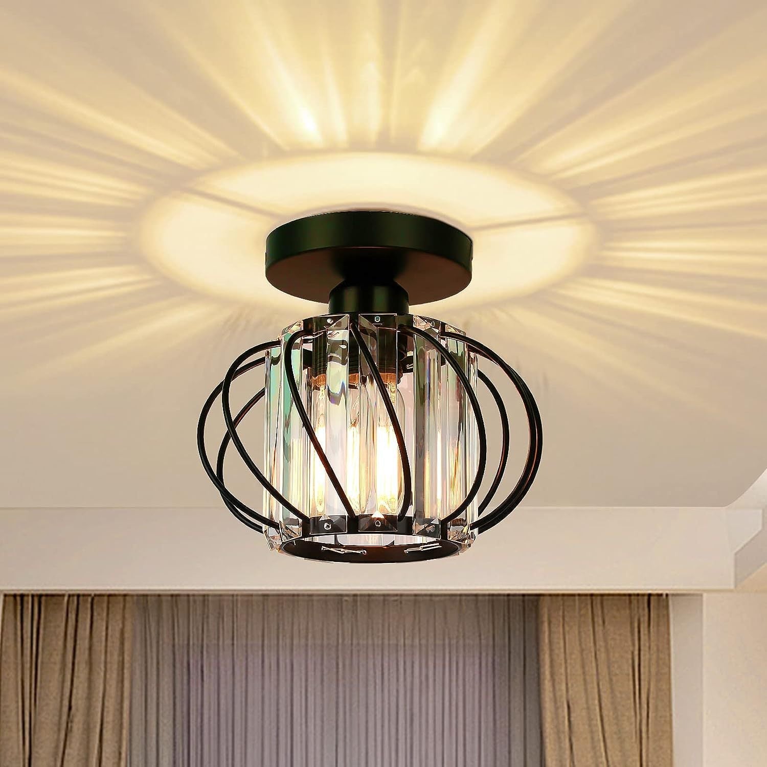 Contemporary Scandinavian Pumpkin Curved Arc Semi-Flush Mount Ceiling Light - Iron & Crystal Disc Base, 1-Light Design for Living Room