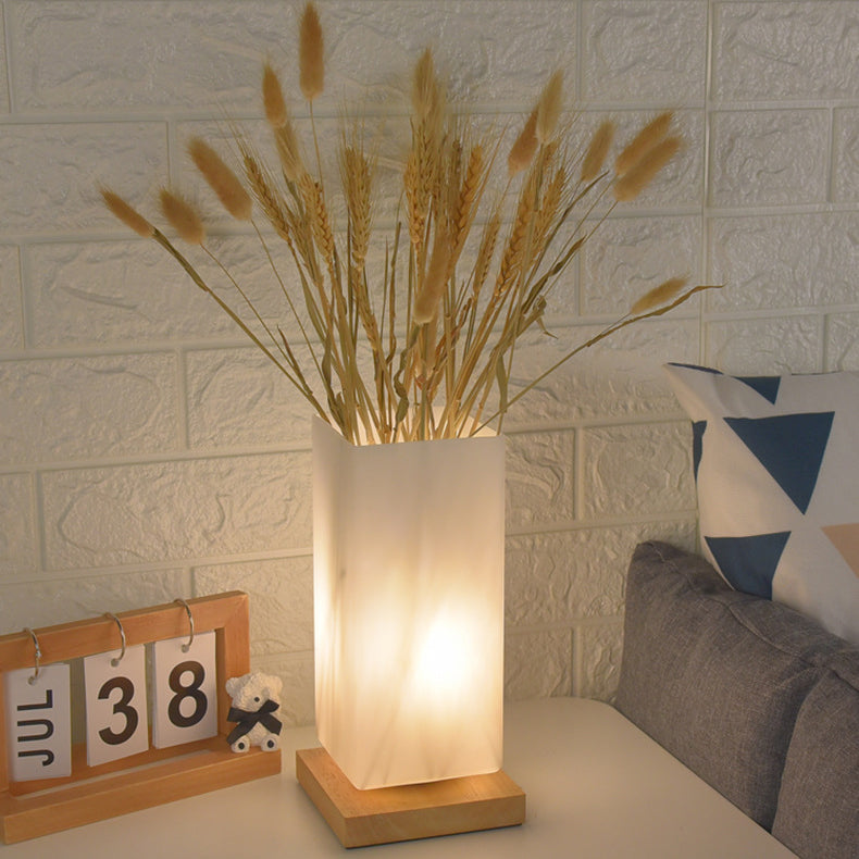 Contemporary Scandinavian Rectangular Cylinder Hollow Wood Glass LED Table Lamp Bedroom Modern Accent Lighting Decorative Nightstand Light Eco-Friendly Decorative Lighting for Home Interior Design Minimalist Style Bedroom Accessories