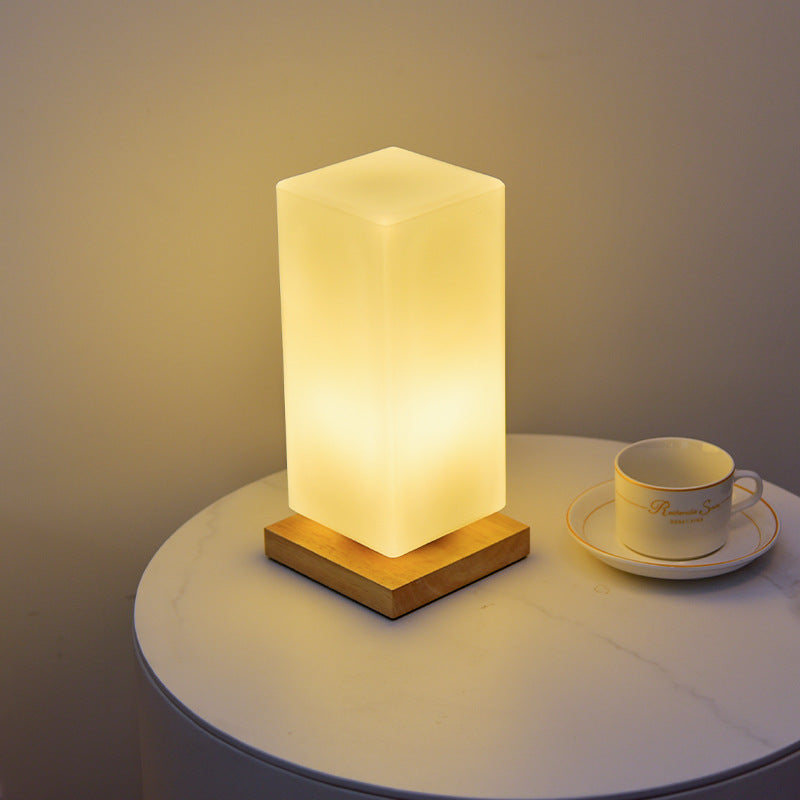 Contemporary Scandinavian Rectangular Cylinder Hollow Wood Glass LED Table Lamp Bedroom Modern Accent Lighting Decorative Nightstand Light Eco-Friendly Decorative Lighting for Home Interior Design Minimalist Style Bedroom Accessories
