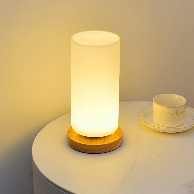 Contemporary Scandinavian Rectangular Cylinder Hollow Wood Glass LED Table Lamp Bedroom Modern Accent Lighting Decorative Nightstand Light Eco-Friendly Decorative Lighting for Home Interior Design Minimalist Style Bedroom Accessories