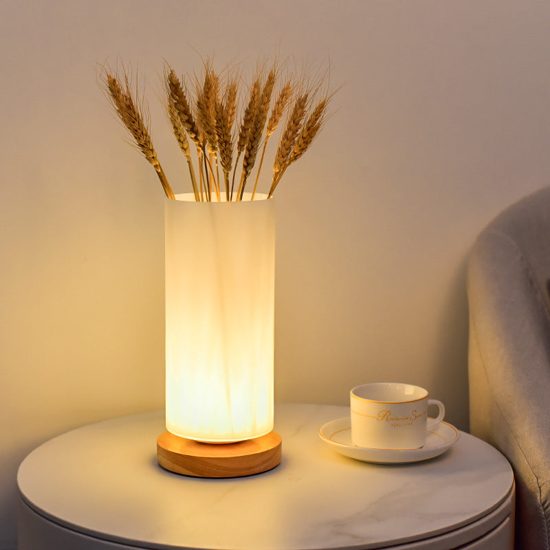 Contemporary Scandinavian Rectangular Cylinder Hollow Wood Glass LED Table Lamp Bedroom Modern Accent Lighting Decorative Nightstand Light Eco-Friendly Decorative Lighting for Home Interior Design Minimalist Style Bedroom Accessories