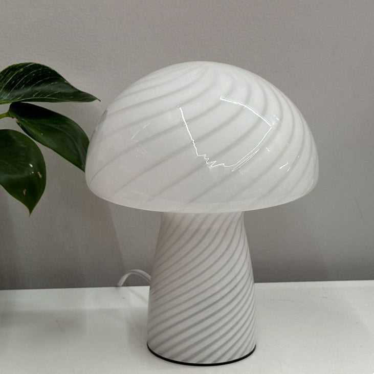 Contemporary Scandinavian Cylinder Half Round Mushroom Spiral Textured Glass 1-Light Table Lamp for Bedroom, Modern Decorative Lighting, Nordic Design Accent Lamp, Stylish Glass Lampshade, Minimalist Home Decor, Warm Ambient Lighting, Unique Bedroom Acces