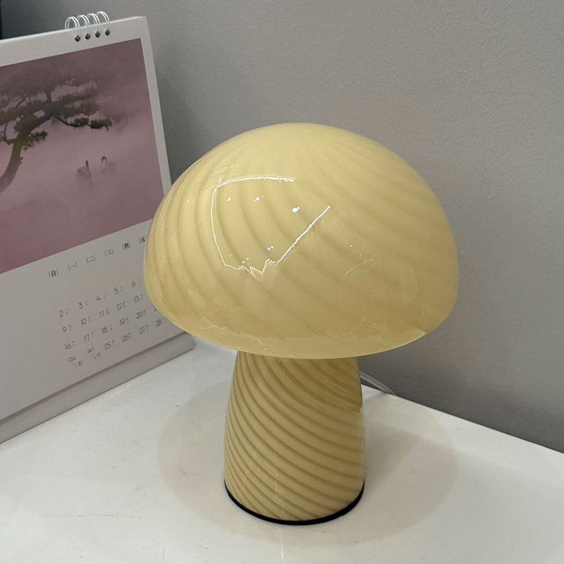 Contemporary Scandinavian Cylinder Half Round Mushroom Spiral Textured Glass 1-Light Table Lamp for Bedroom, Modern Decorative Lighting, Nordic Design Accent Lamp, Stylish Glass Lampshade, Minimalist Home Decor, Warm Ambient Lighting, Unique Bedroom Acces
