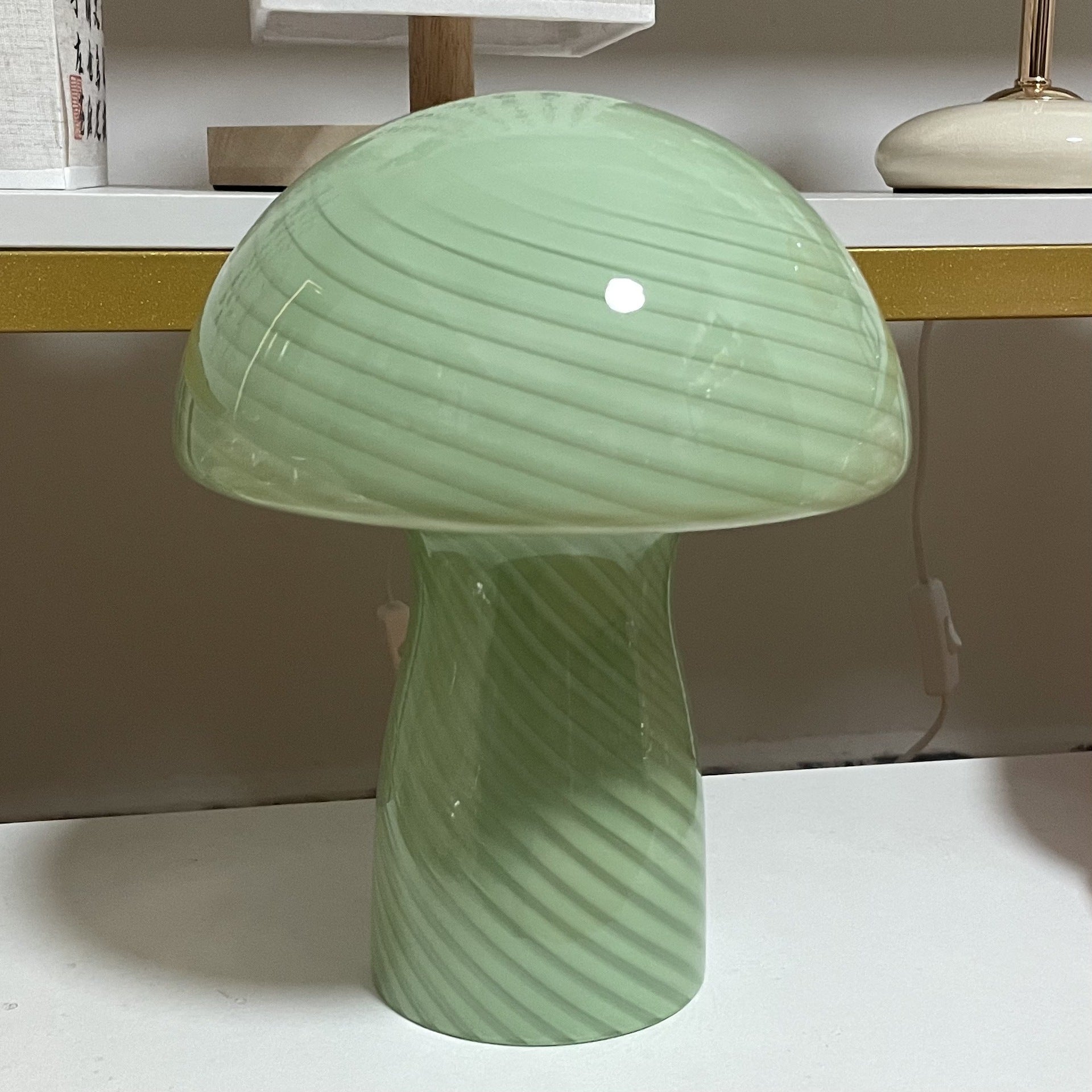 Contemporary Scandinavian Cylinder Half Round Mushroom Spiral Textured Glass 1-Light Table Lamp for Bedroom, Modern Decorative Lighting, Nordic Design Accent Lamp, Stylish Glass Lampshade, Minimalist Home Decor, Warm Ambient Lighting, Unique Bedroom Acces