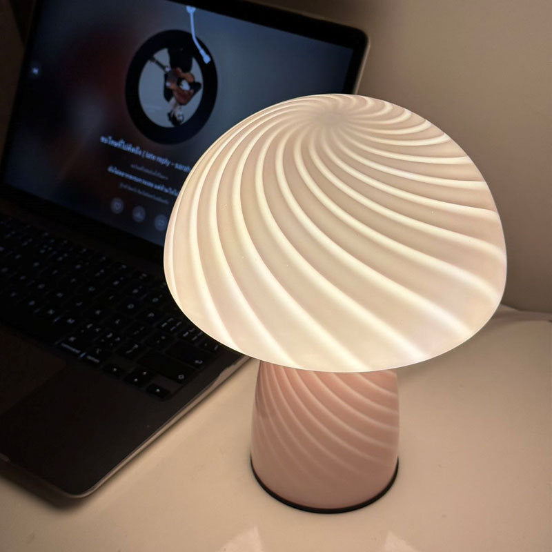 Contemporary Scandinavian Cylinder Half Round Mushroom Spiral Textured Glass 1-Light Table Lamp for Bedroom, Modern Decorative Lighting, Nordic Design Accent Lamp, Stylish Glass Lampshade, Minimalist Home Decor, Warm Ambient Lighting, Unique Bedroom Acces