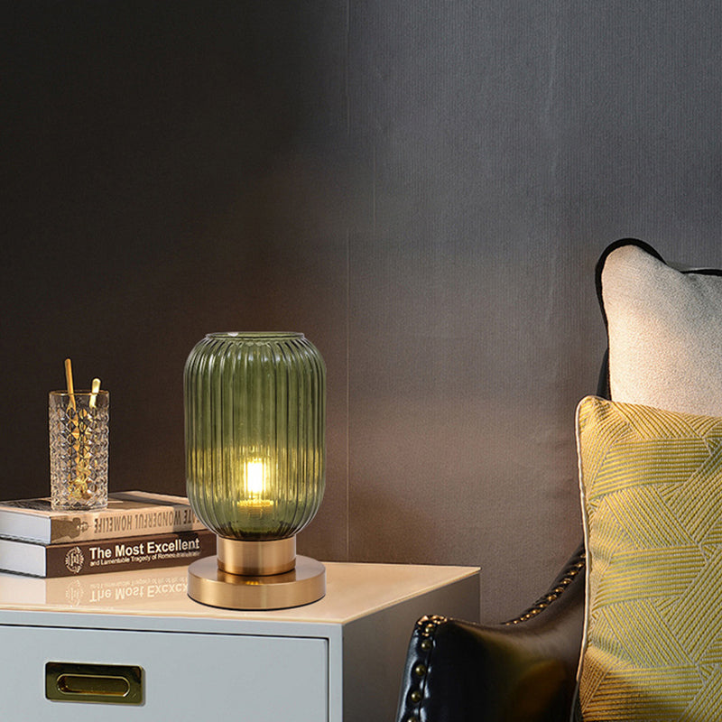Contemporary Scandinavian Round Cylinder Striped Iron Glass 1-Light Table Lamp for Bedroom, Modern Minimalist Bedside Lighting, Stylish Accent Lamp, Elegant Home Decor, Nordic Design Table Lamp, Bedroom Lighting Fixture, Unique Iron Glass Lamp, Decorative