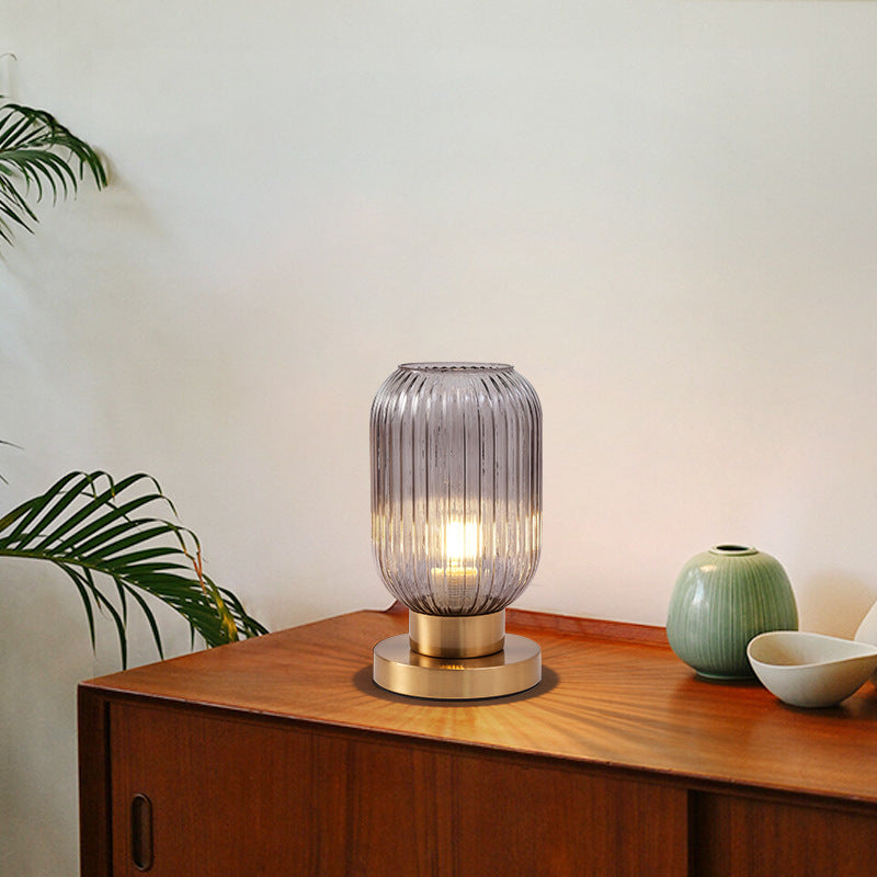 Contemporary Scandinavian Round Cylinder Striped Iron Glass 1-Light Table Lamp for Bedroom, Modern Minimalist Bedside Lighting, Stylish Accent Lamp, Elegant Home Decor, Nordic Design Table Lamp, Bedroom Lighting Fixture, Unique Iron Glass Lamp, Decorative