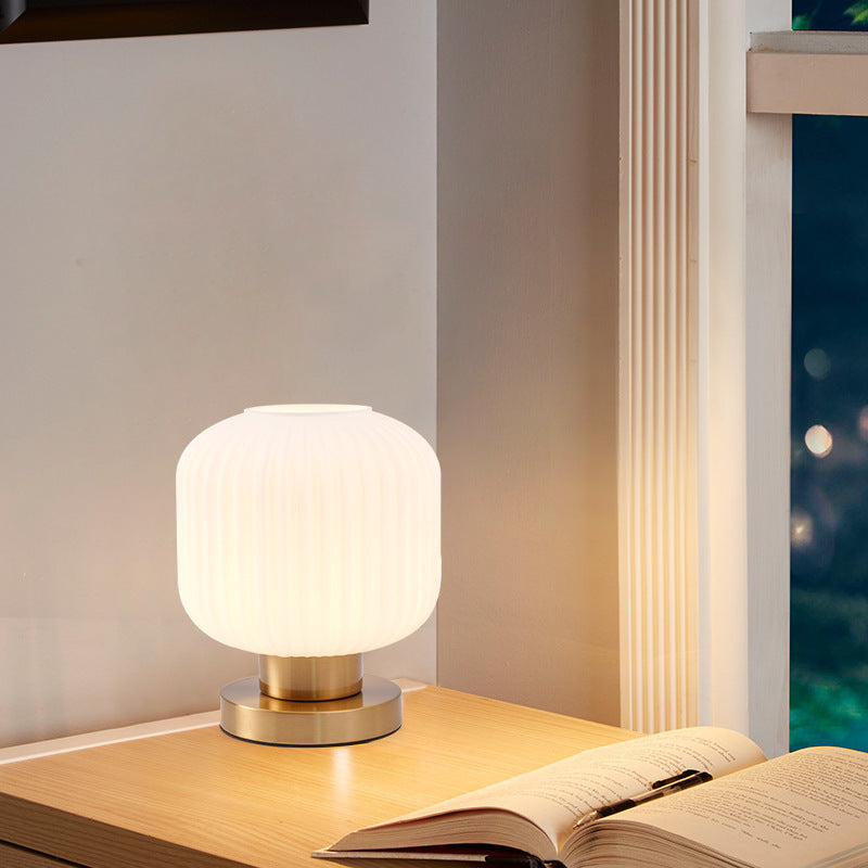 Contemporary Scandinavian Round Cylinder Striped Iron Glass 1-Light Table Lamp for Bedroom, Modern Minimalist Bedside Lighting, Stylish Accent Lamp, Elegant Home Decor, Nordic Design Table Lamp, Bedroom Lighting Fixture, Unique Iron Glass Lamp, Decorative