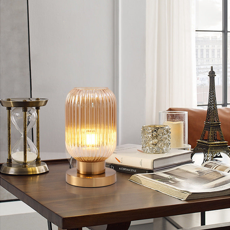 Contemporary Scandinavian Round Cylinder Striped Iron Glass 1-Light Table Lamp for Bedroom, Modern Minimalist Bedside Lighting, Stylish Accent Lamp, Elegant Home Decor, Nordic Design Table Lamp, Bedroom Lighting Fixture, Unique Iron Glass Lamp, Decorative