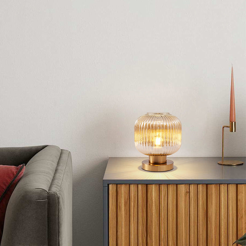 Contemporary Scandinavian Round Cylinder Striped Iron Glass 1-Light Table Lamp for Bedroom, Modern Minimalist Bedside Lighting, Stylish Accent Lamp, Elegant Home Decor, Nordic Design Table Lamp, Bedroom Lighting Fixture, Unique Iron Glass Lamp, Decorative