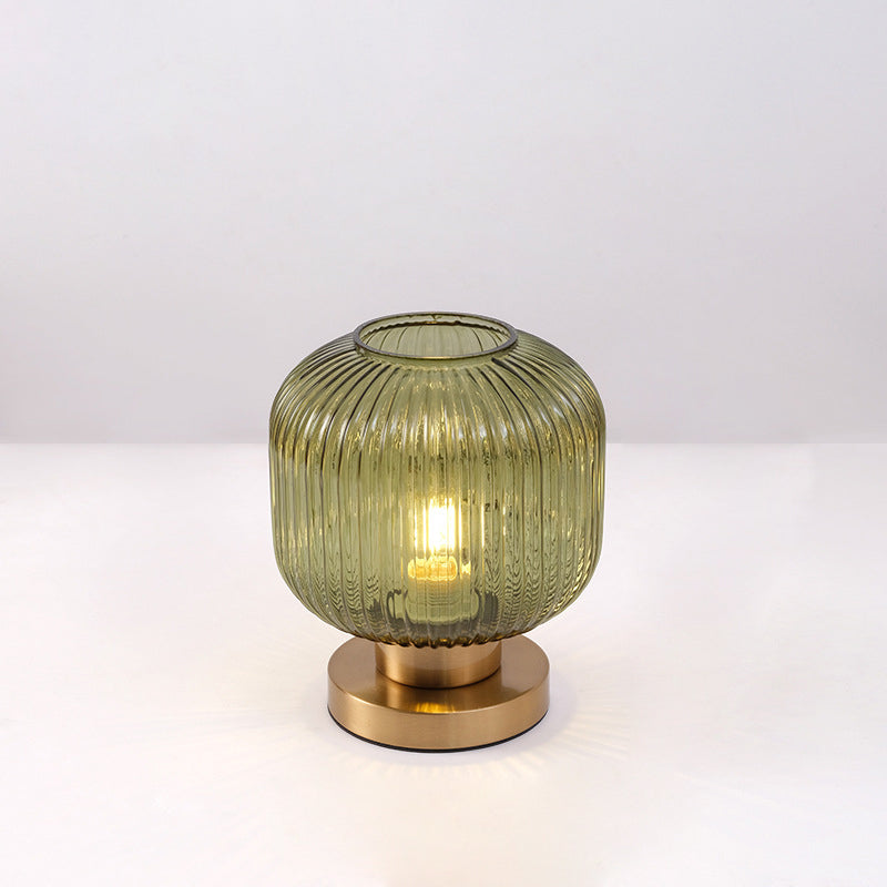 Contemporary Scandinavian Round Cylinder Striped Iron Glass 1-Light Table Lamp for Bedroom, Modern Minimalist Bedside Lighting, Stylish Accent Lamp, Elegant Home Decor, Nordic Design Table Lamp, Bedroom Lighting Fixture, Unique Iron Glass Lamp, Decorative