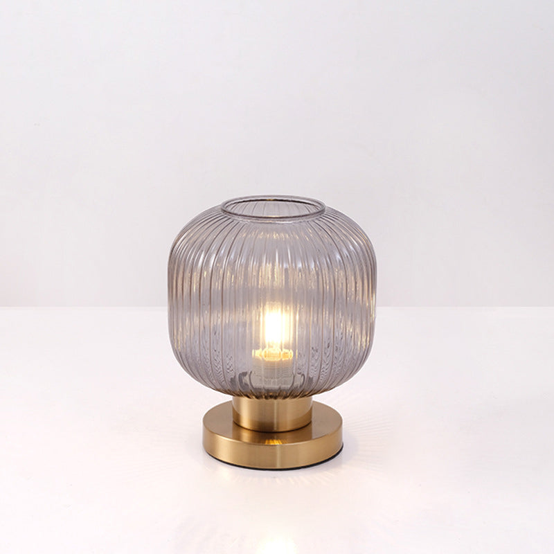 Contemporary Scandinavian Round Cylinder Striped Iron Glass 1-Light Table Lamp for Bedroom, Modern Minimalist Bedside Lighting, Stylish Accent Lamp, Elegant Home Decor, Nordic Design Table Lamp, Bedroom Lighting Fixture, Unique Iron Glass Lamp, Decorative