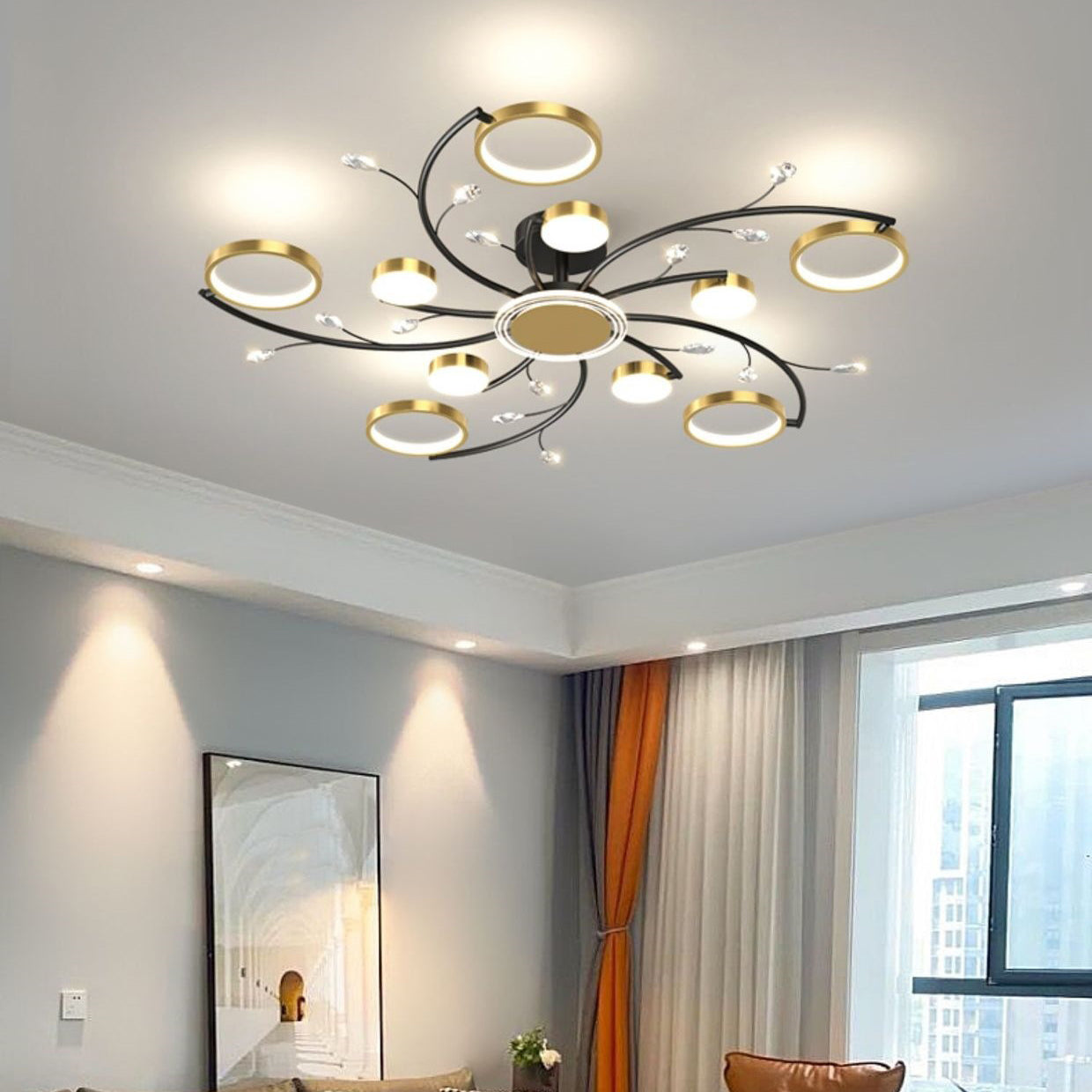 Contemporary Scandinavian Branch Round Iron Acrylic LED Semi-Flush Mount Ceiling Light for Living Room