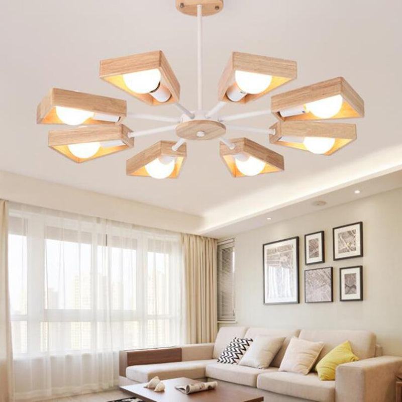 Contemporary Scandinavian Trapezoidal Chandelier - Iron Wood 3/5/6/8 Light Design for Living Room