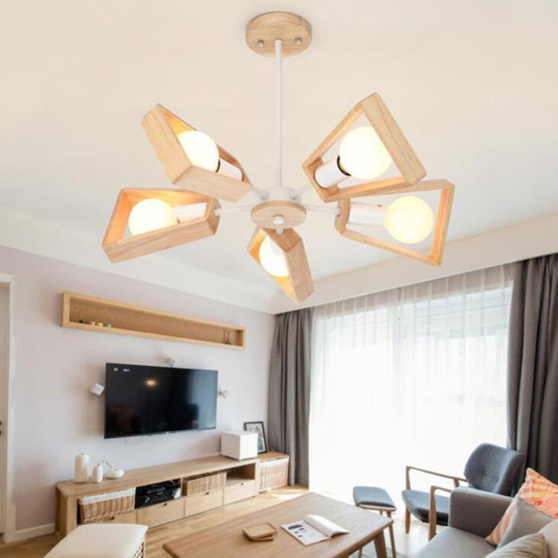 Contemporary Scandinavian Trapezoidal Chandelier - Iron Wood 3/5/6/8 Light Design for Living Room