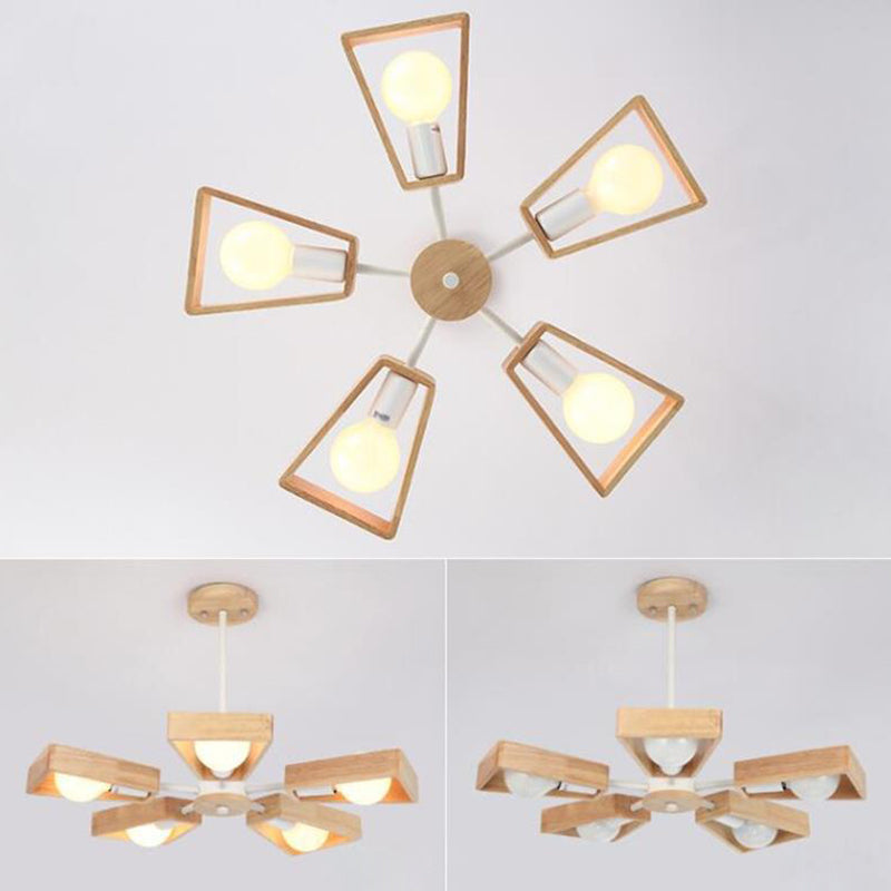 Contemporary Scandinavian Trapezoidal Chandelier - Iron Wood 3/5/6/8 Light Design for Living Room