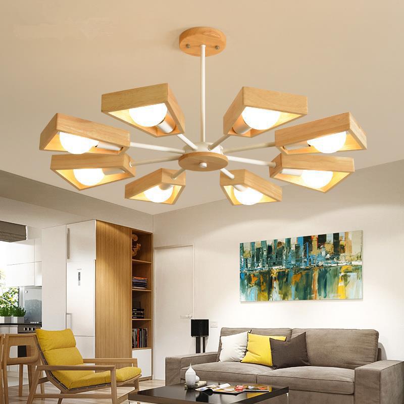 Contemporary Scandinavian Trapezoidal Chandelier - Iron Wood 3/5/6/8 Light Design for Living Room