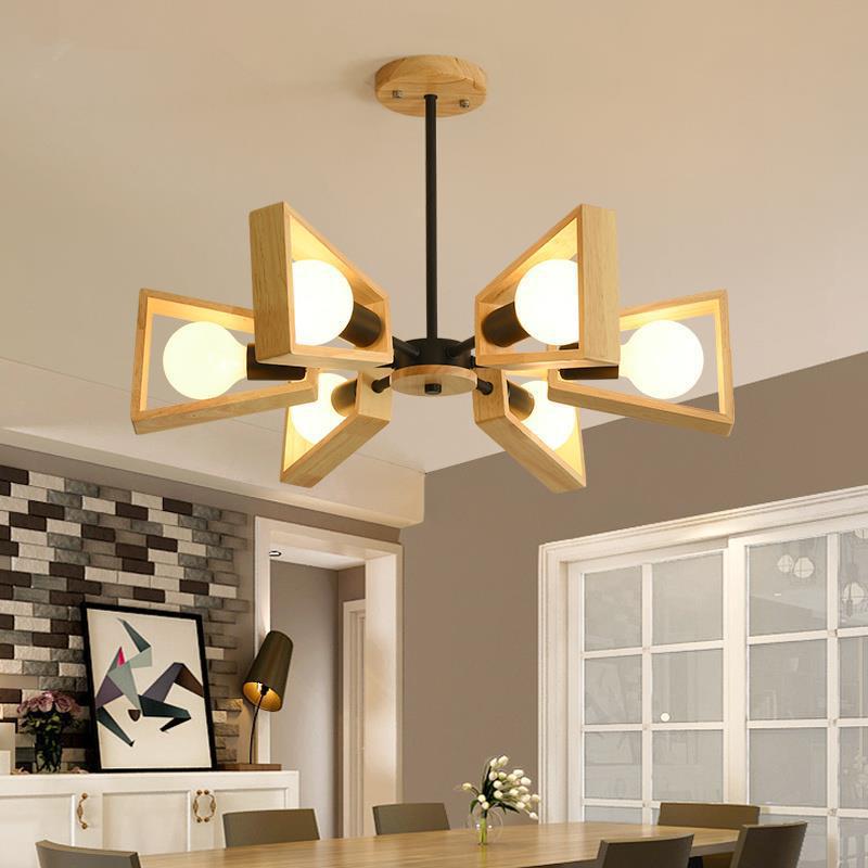 Contemporary Scandinavian Trapezoidal Chandelier - Iron Wood 3/5/6/8 Light Design for Living Room