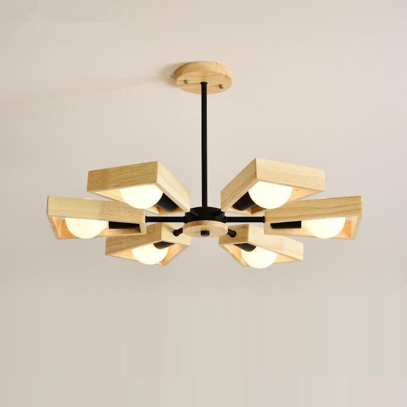 Contemporary Scandinavian Trapezoidal Chandelier - Iron Wood 3/5/6/8 Light Design for Living Room