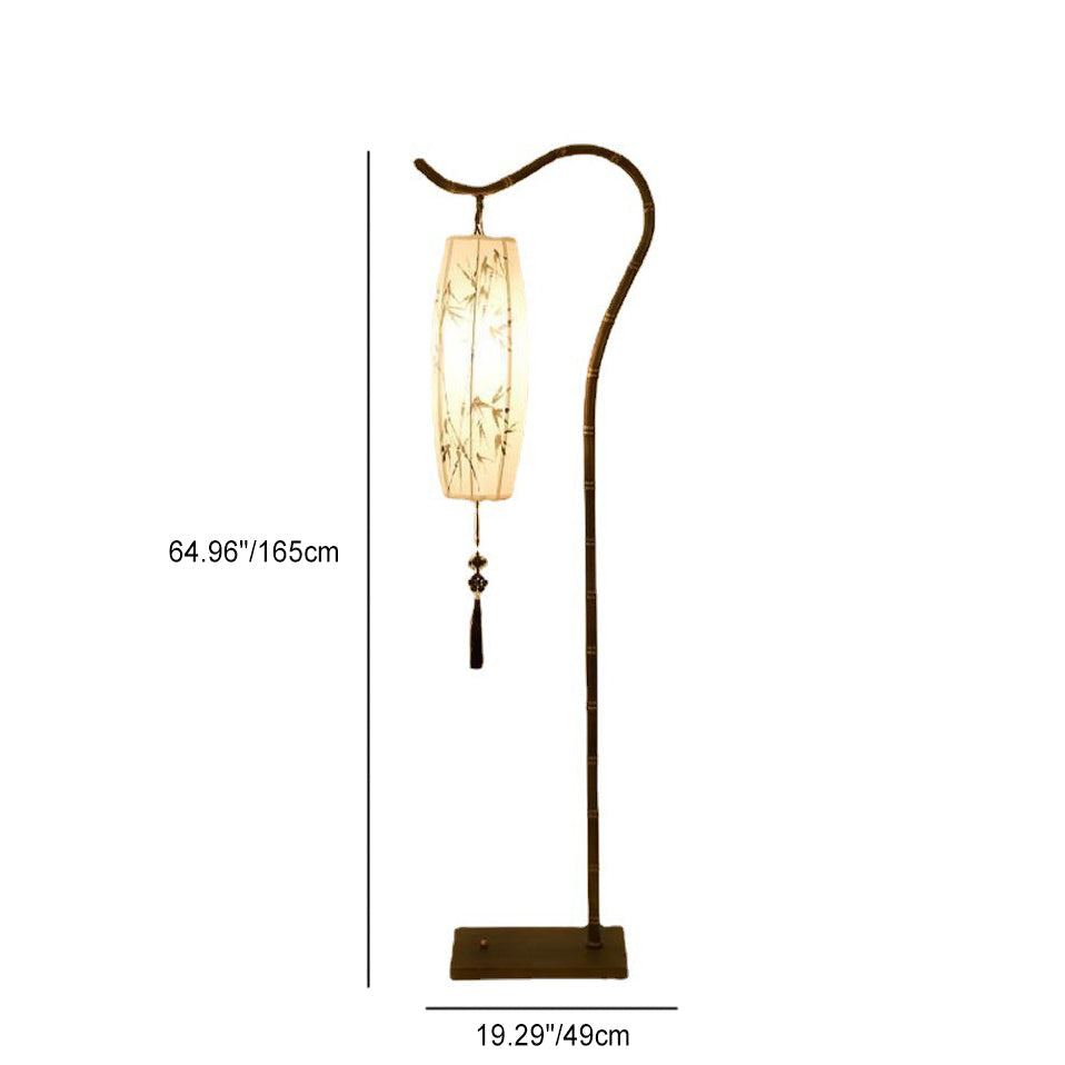Traditional Chinese Zen Bamboo Floor Lamp - Fabric Shade, Arc Iron Base, 1-Light for Home Office