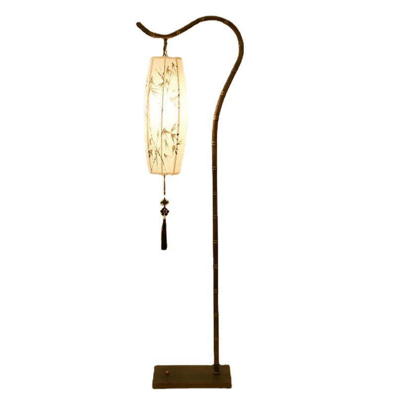 Traditional Chinese Zen Bamboo Floor Lamp - Fabric Shade, Arc Iron Base, 1-Light for Home Office