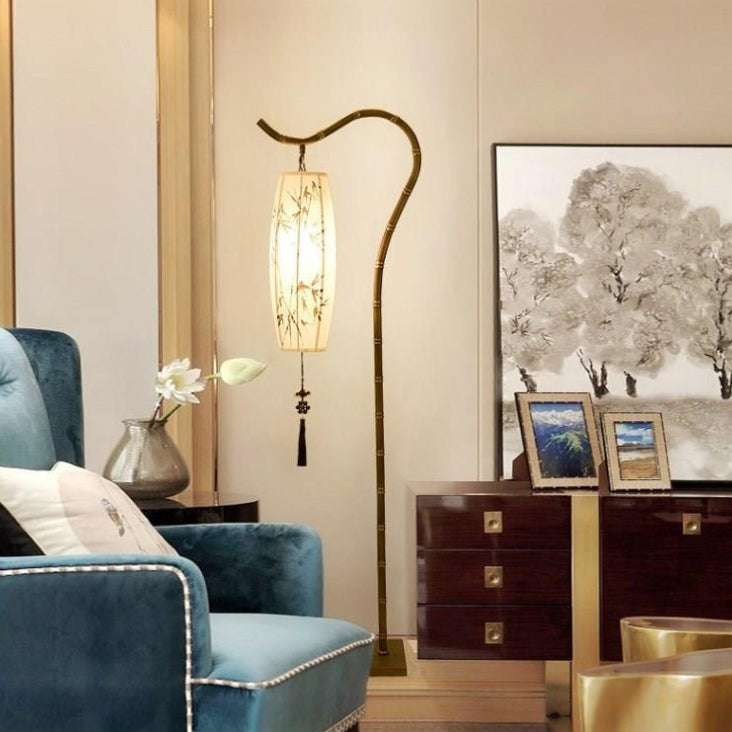 Traditional Chinese Zen Bamboo Floor Lamp - Fabric Shade, Arc Iron Base, 1-Light for Home Office