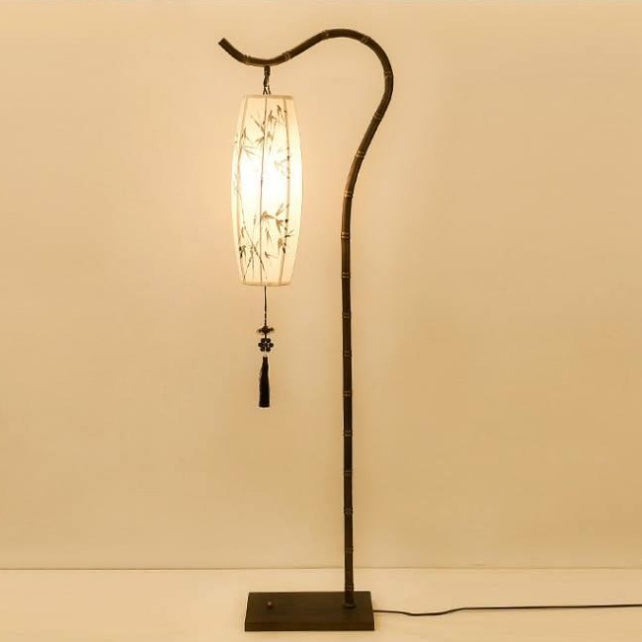 Traditional Chinese Zen Bamboo Floor Lamp - Fabric Shade, Arc Iron Base, 1-Light for Home Office
