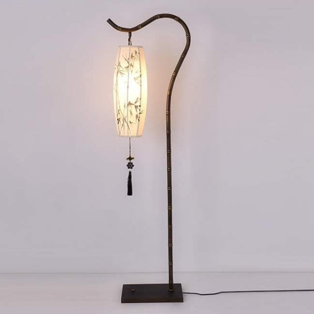 Traditional Chinese Zen Bamboo Floor Lamp - Fabric Shade, Arc Iron Base, 1-Light for Home Office