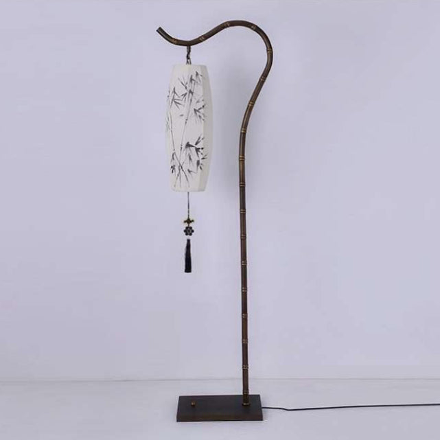 Traditional Chinese Zen Bamboo Floor Lamp - Fabric Shade, Arc Iron Base, 1-Light for Home Office