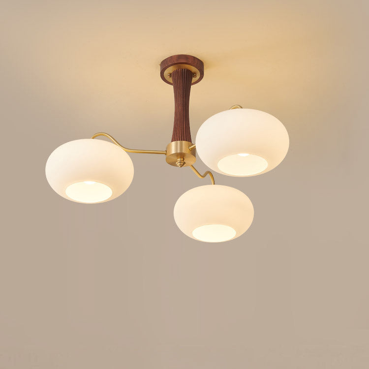 Traditional French Walnut Brass Frame Glass Persimmon Shade Semi-Flush Mount Light – 3/5 Light Living Room Fixture