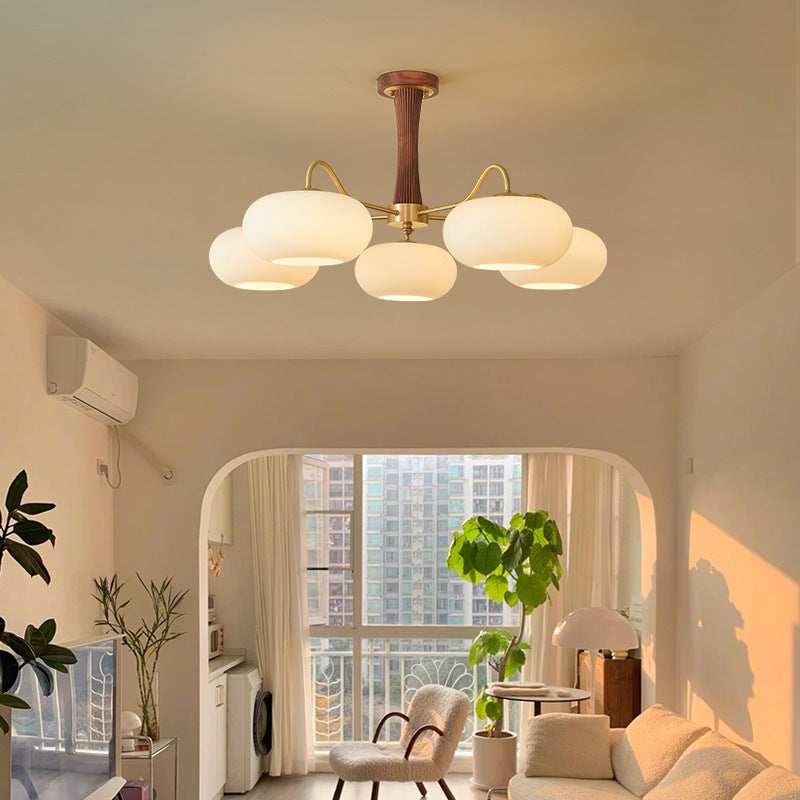 Traditional French Walnut Brass Frame Glass Persimmon Shade Semi-Flush Mount Light – 3/5 Light Living Room Fixture