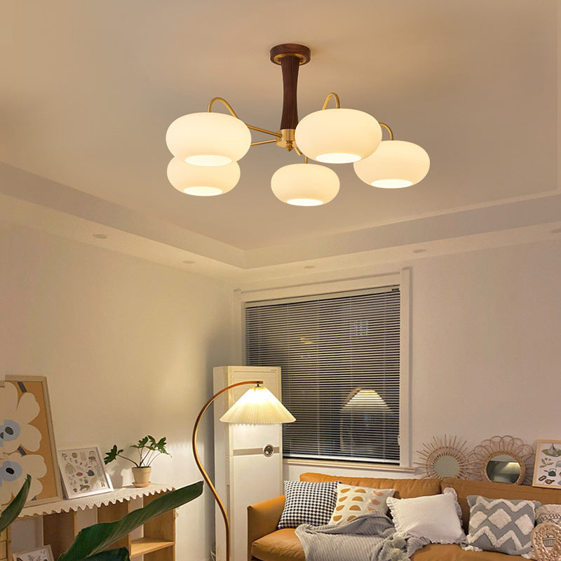 Traditional French Walnut Brass Frame Glass Persimmon Shade Semi-Flush Mount Light – 3/5 Light Living Room Fixture
