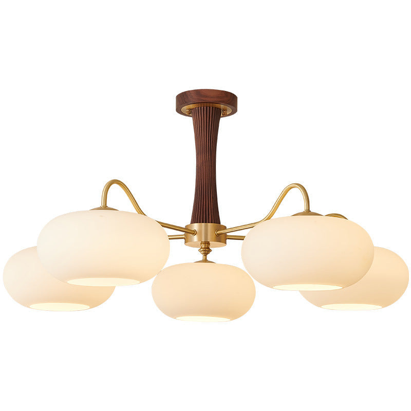Traditional French Walnut Brass Frame Glass Persimmon Shade Semi-Flush Mount Light – 3/5 Light Living Room Fixture