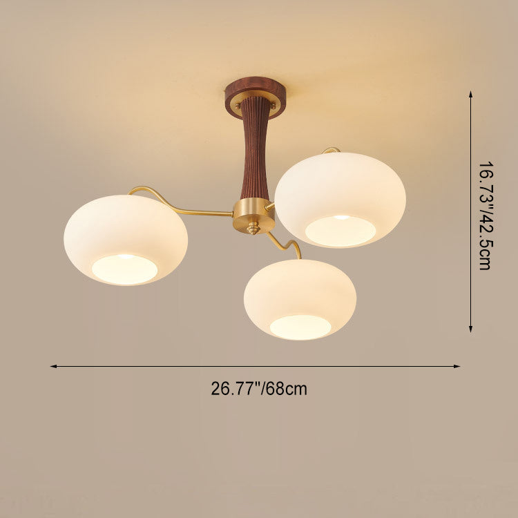 Traditional French Walnut Brass Frame Glass Persimmon Shade Semi-Flush Mount Light – 3/5 Light Living Room Fixture