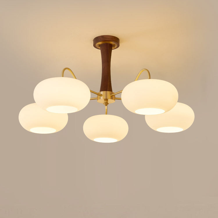 Traditional French Walnut Brass Frame Glass Persimmon Shade Semi-Flush Mount Light – 3/5 Light Living Room Fixture