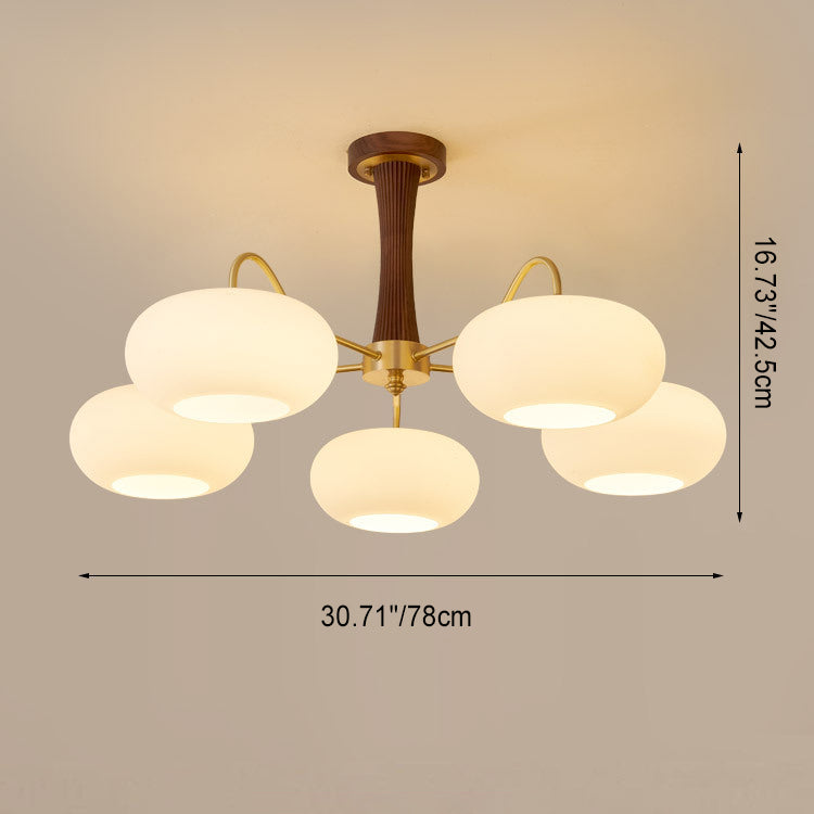 Traditional French Walnut Brass Frame Glass Persimmon Shade Semi-Flush Mount Light – 3/5 Light Living Room Fixture
