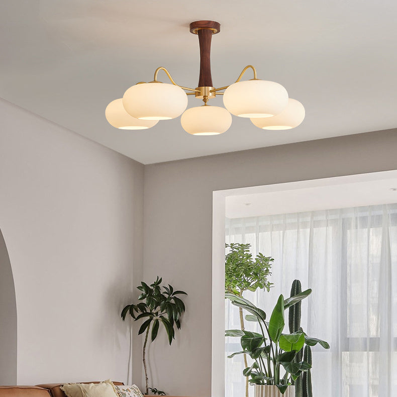 Traditional French Walnut Brass Frame Glass Persimmon Shade Semi-Flush Mount Light – 3/5 Light Living Room Fixture