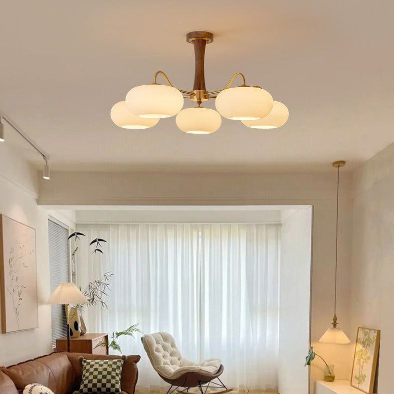 Traditional French Walnut Brass Frame Glass Persimmon Shade Semi-Flush Mount Light – 3/5 Light Living Room Fixture
