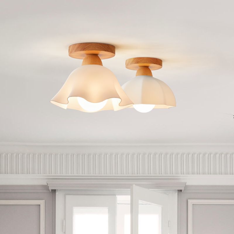 Traditional French Wood Floral Acrylic Glass Shade Semi-Flush Mount Ceiling Light for Living Room