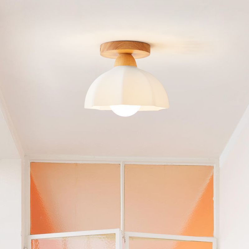 Traditional French Wood Floral Acrylic Glass Shade Semi-Flush Mount Ceiling Light for Living Room