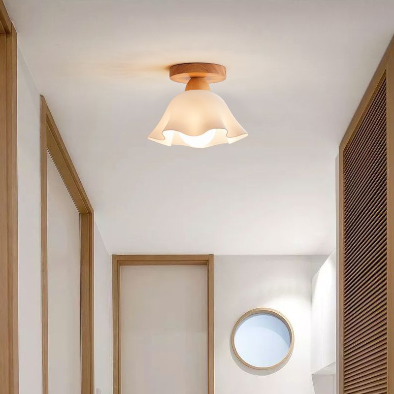 Traditional French Wood Floral Acrylic Glass Shade Semi-Flush Mount Ceiling Light for Living Room