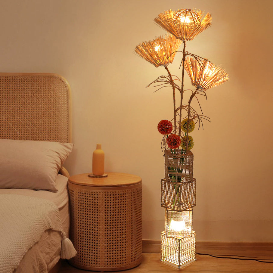Traditional Japanese Rattan Weaving Square Shade Floor Lamp - 1-Light Standing Fixture for Living Room