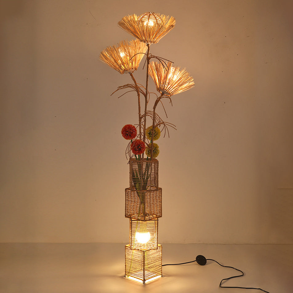 Traditional Japanese Rattan Weaving Square Shade Floor Lamp - 1-Light Standing Fixture for Living Room