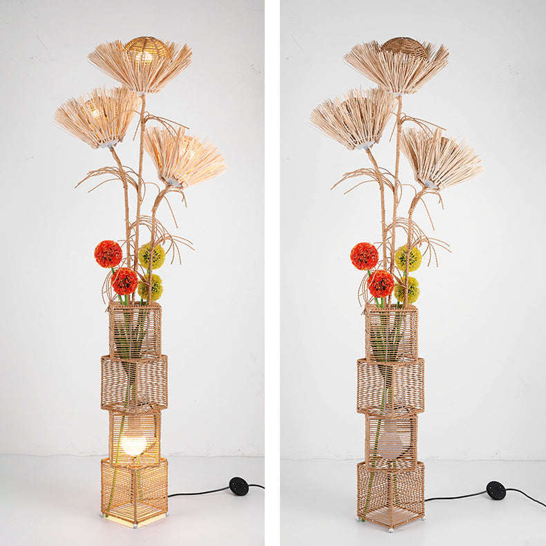 Traditional Japanese Rattan Weaving Square Shade Floor Lamp - 1-Light Standing Fixture for Living Room
