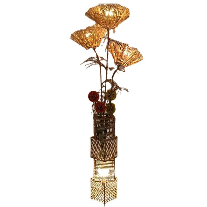Traditional Japanese Rattan Weaving Square Shade Floor Lamp - 1-Light Standing Fixture for Living Room