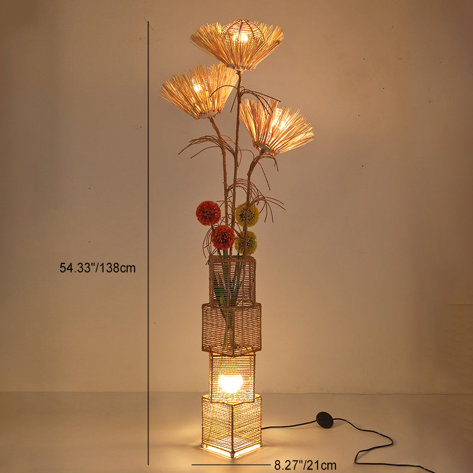 Traditional Japanese Rattan Weaving Square Shade Floor Lamp - 1-Light Standing Fixture for Living Room