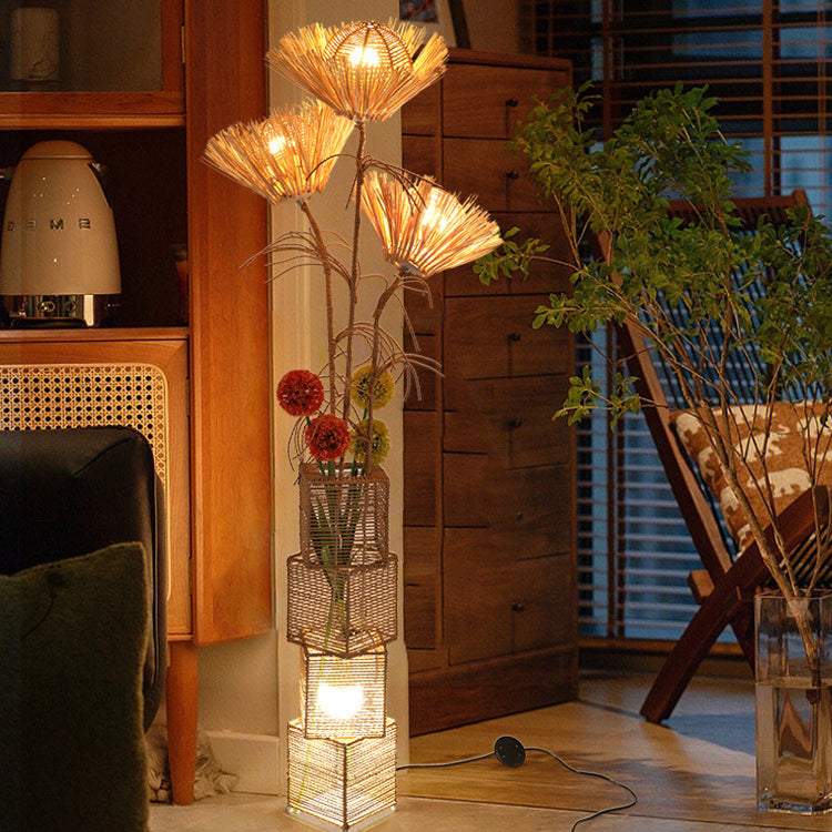 Traditional Japanese Rattan Weaving Square Shade Floor Lamp - 1-Light Standing Fixture for Living Room